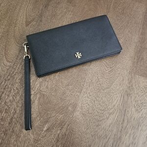 Tory Burch Black Saffiano Wristlet with Gold Logo Accent